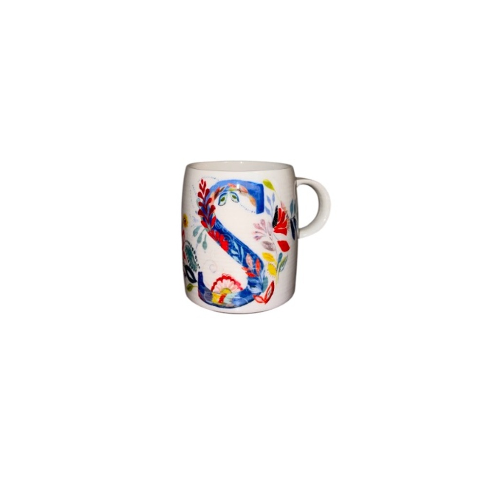 Anthropologie Starla M. Halfmann “Petal Palette” Floral Monogram Letter S Mug